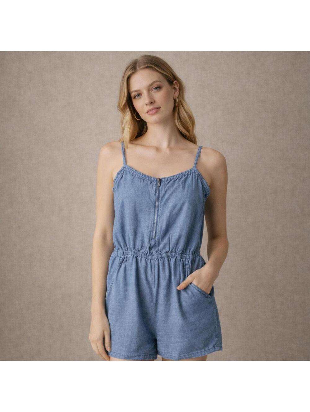 120 Madewell Blue Chambray Romper with Adjustable Straps (Small, EUC)